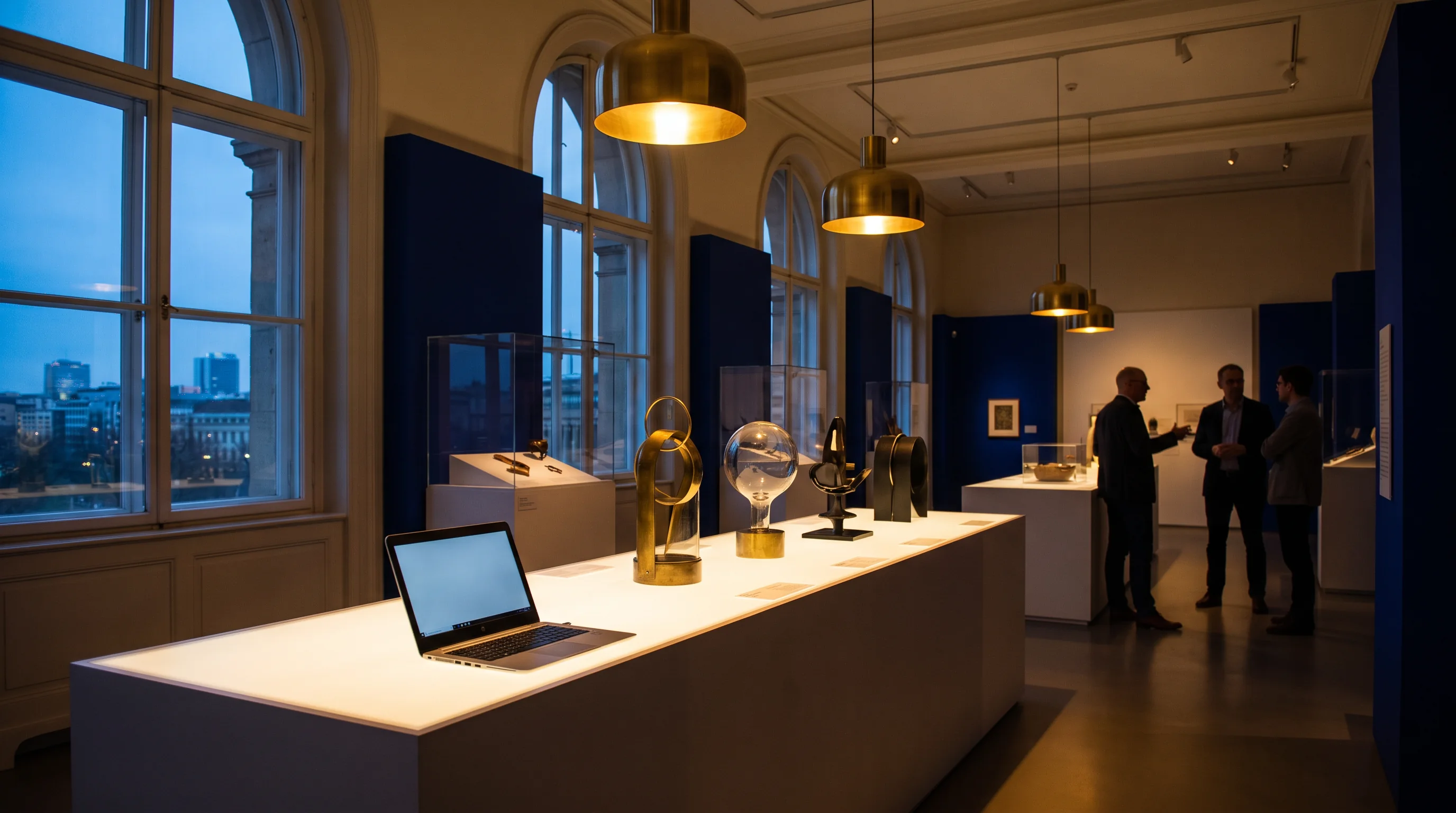 Evening museum workspace with objects and a laptop