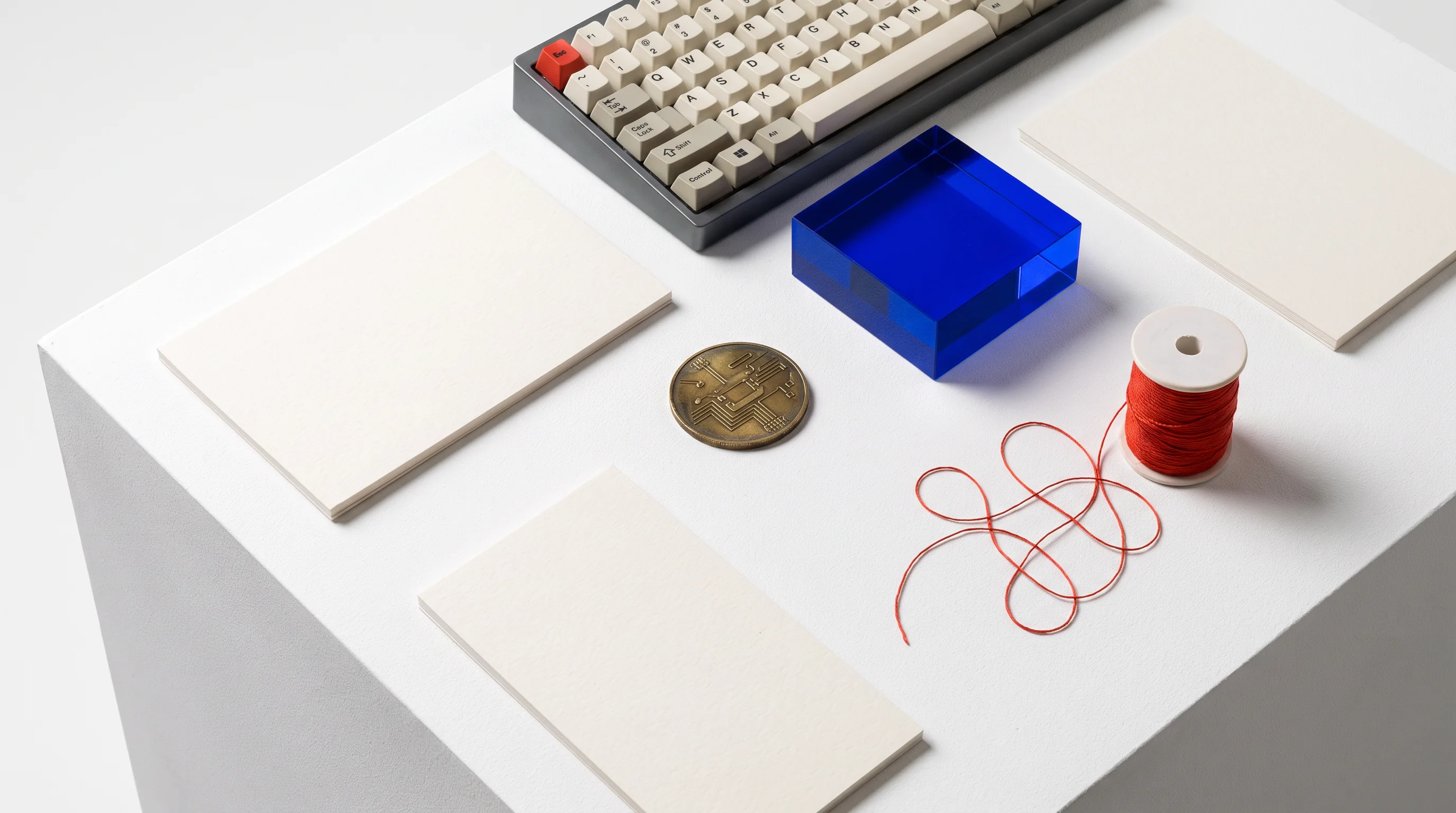 Keyboard and objects on a white work surface