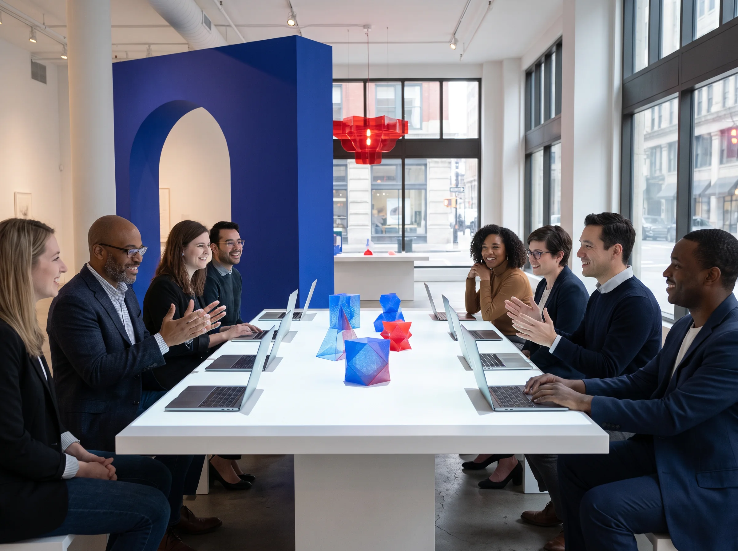 A group reviewing objects around a museum table