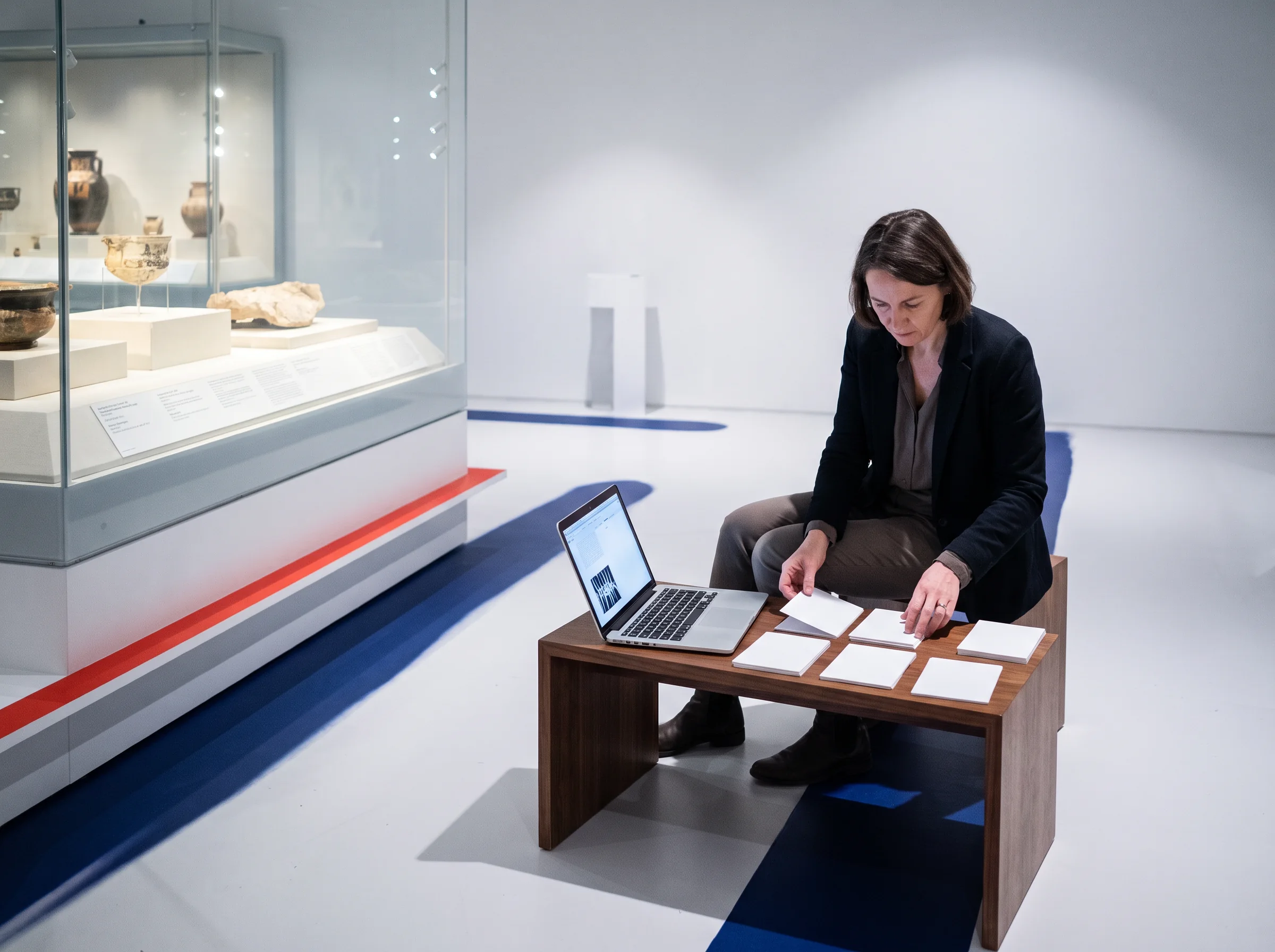 A person working at a notebook and laptop in a museum-like studio