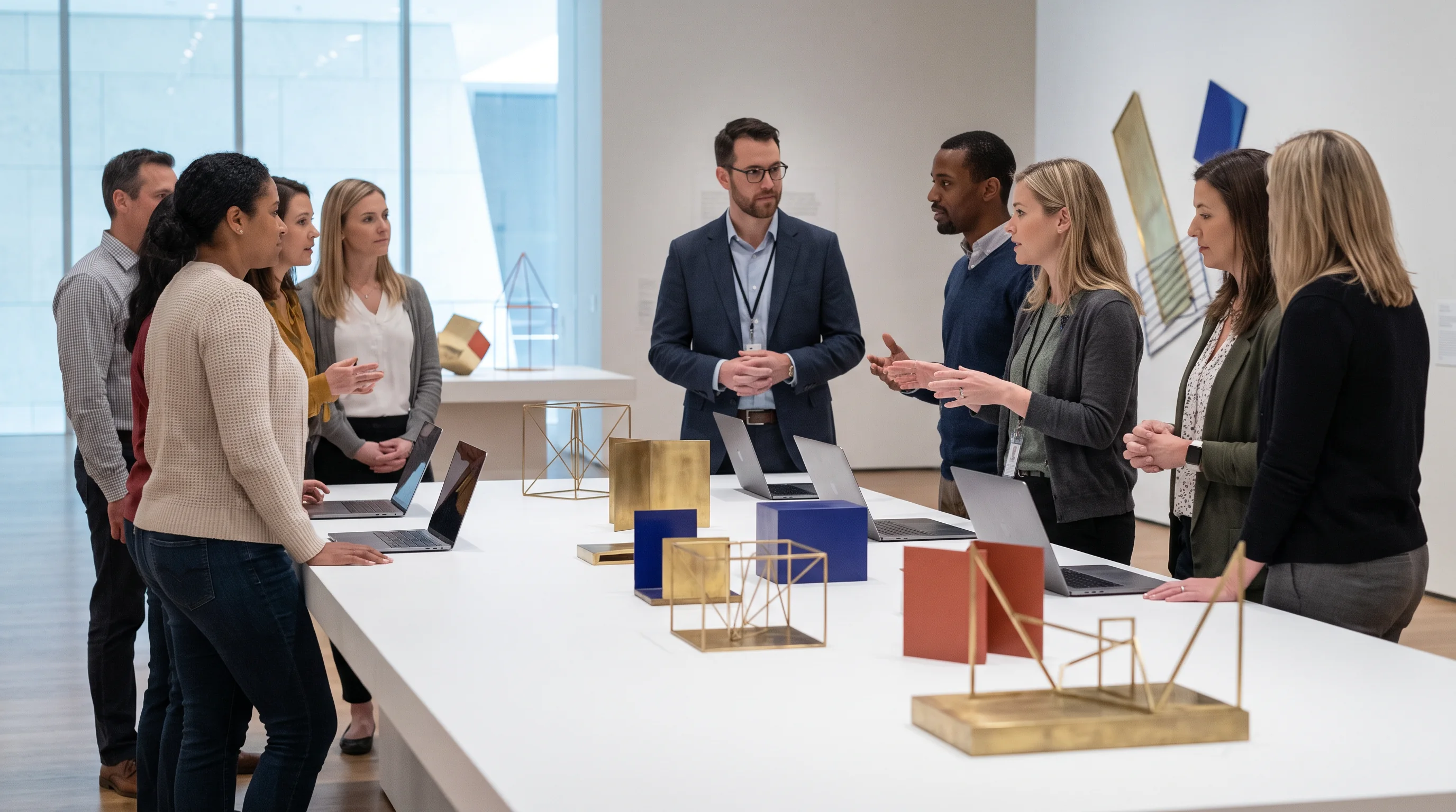 Makers gathered around a display table in a bright room