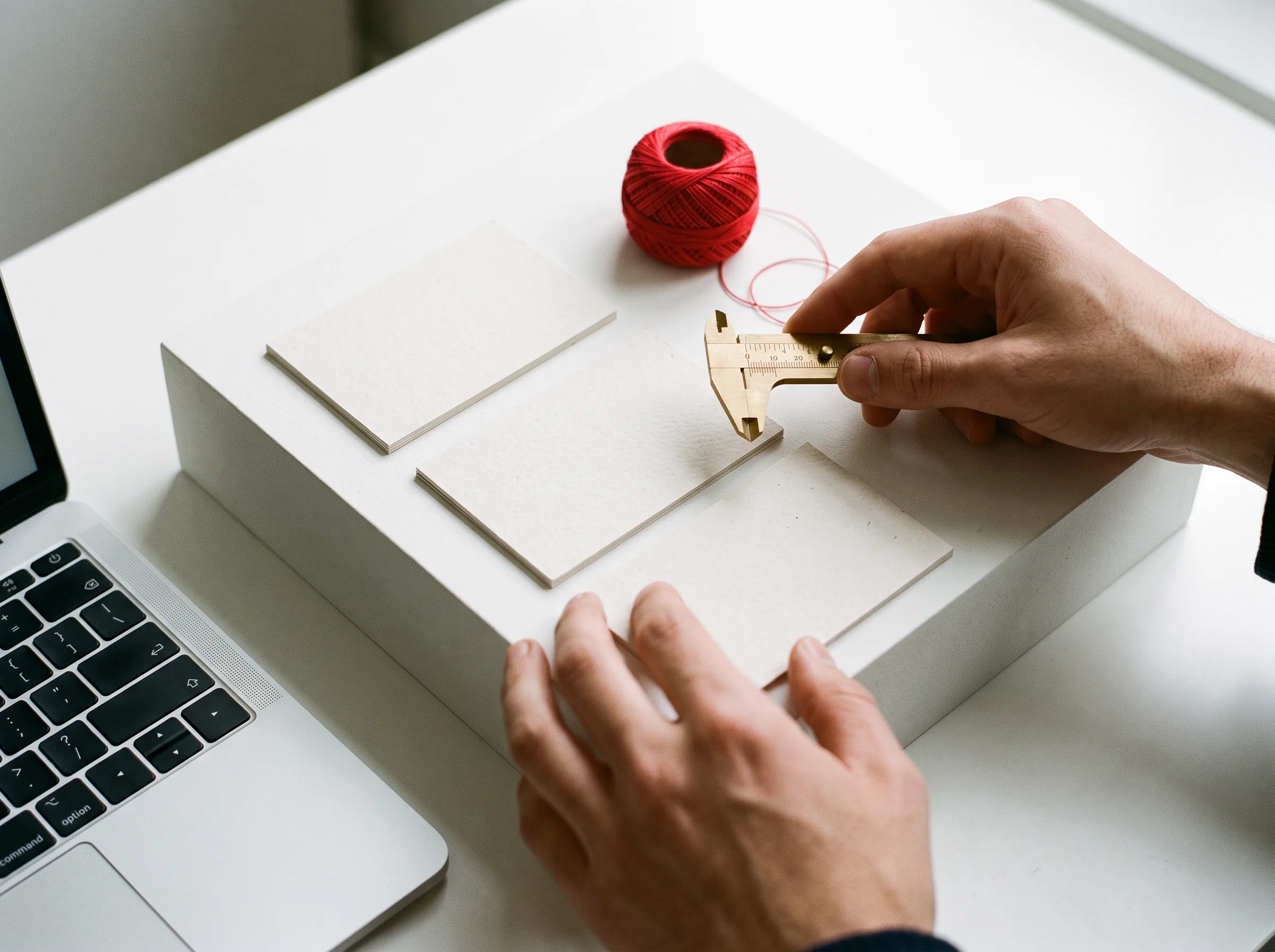 Hands arranging a small material object beside a laptop