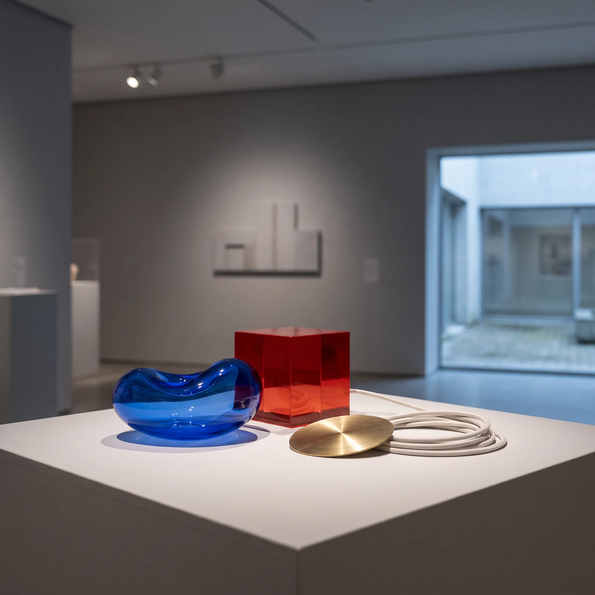 Minimal sculptural objects displayed in a gallery